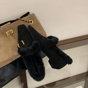 2025 New Winter Women's Pointed Toe Faux Fur Lined Slip-On Shoes with Inner Height Increase, Comfortable Casual Flats