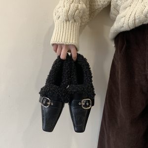 2025 New Winter Fashion Pointed Toe Chunky Heel Faux Fur Lined Women's Slip-On Shoes