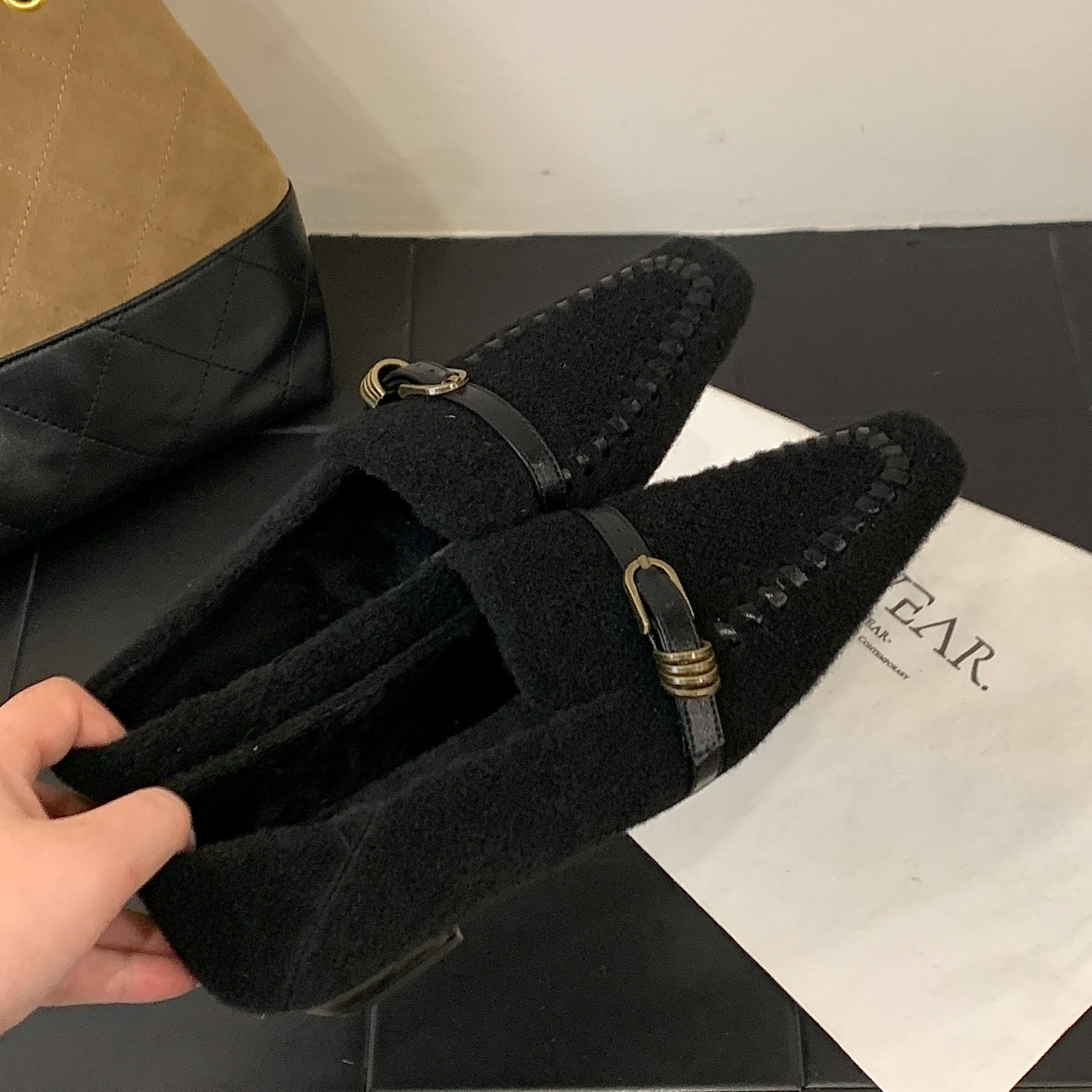 2025 New Winter Fashion Pointed Toe Chunky Heel Fleece Lined Warm Women's Slip On Shoes - Image 5