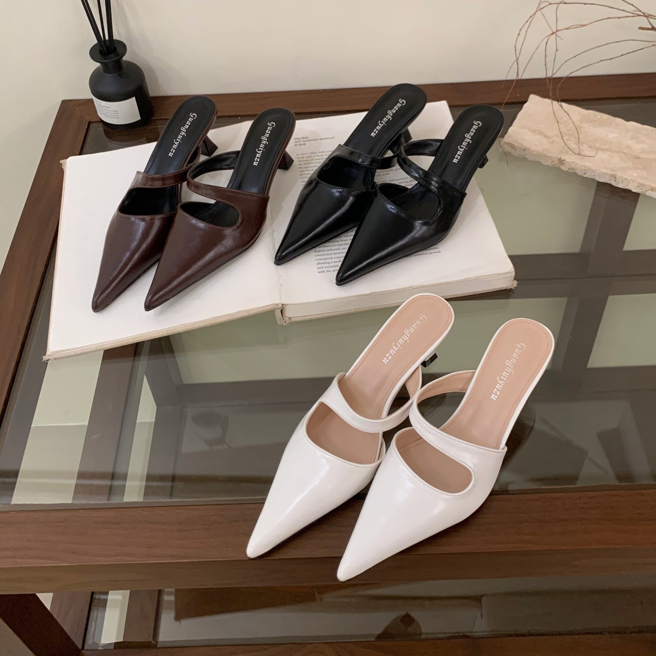 Women's Pointed Toe Mule Slippers with Kitten Heel - French Style Summer Open Toe Slippers for Dresses