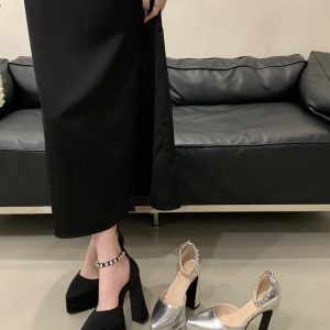 BUBUFLY Women's Black Pointed Toe Mary Jane Heels with Rhinestone Buckle Strap and Platform, Chunky Heel French Style