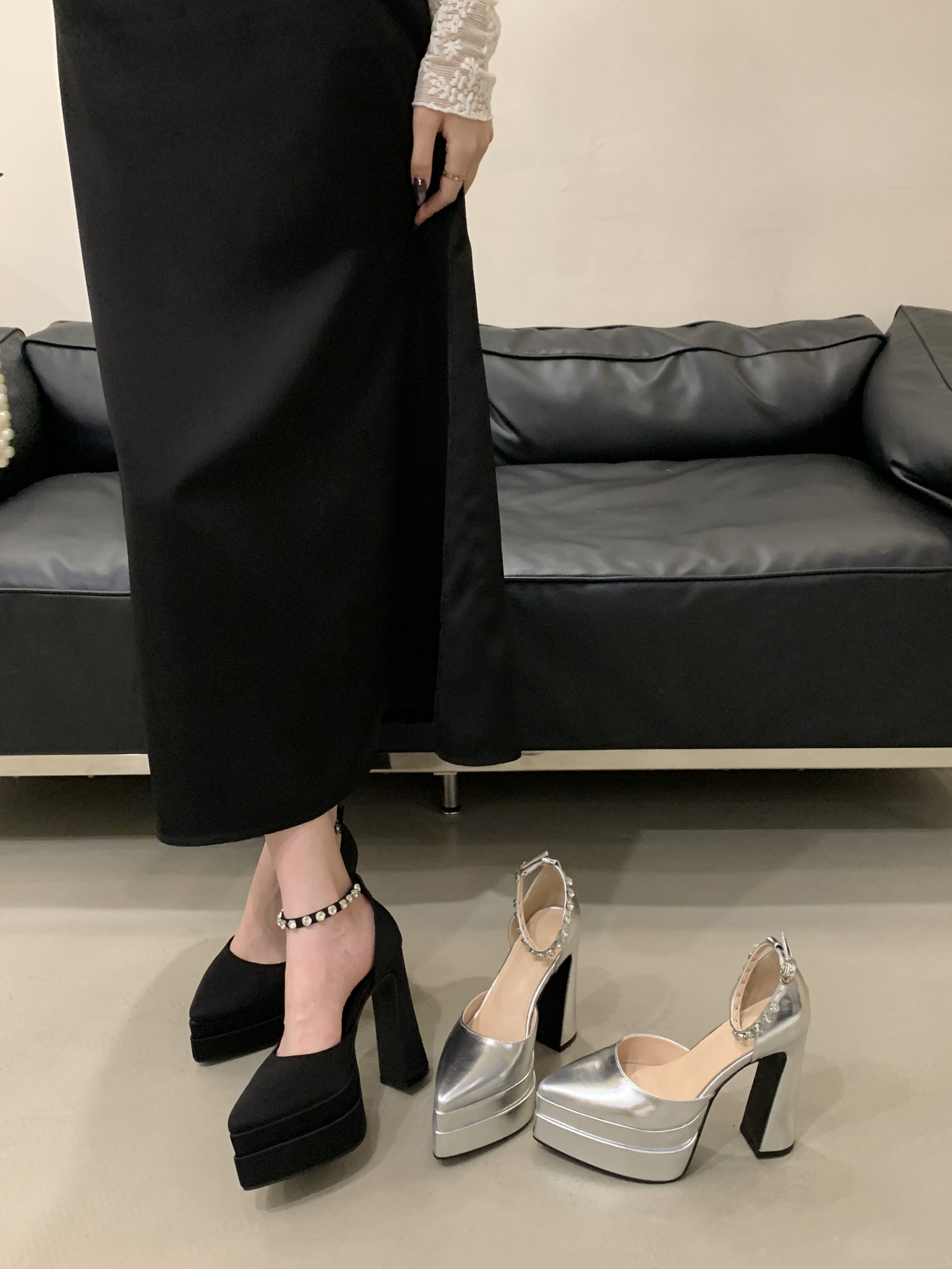 BUBUFLY Women's Black Pointed Toe Mary Jane Heels with Rhinestone Buckle Strap and Platform, Chunky Heel French Style