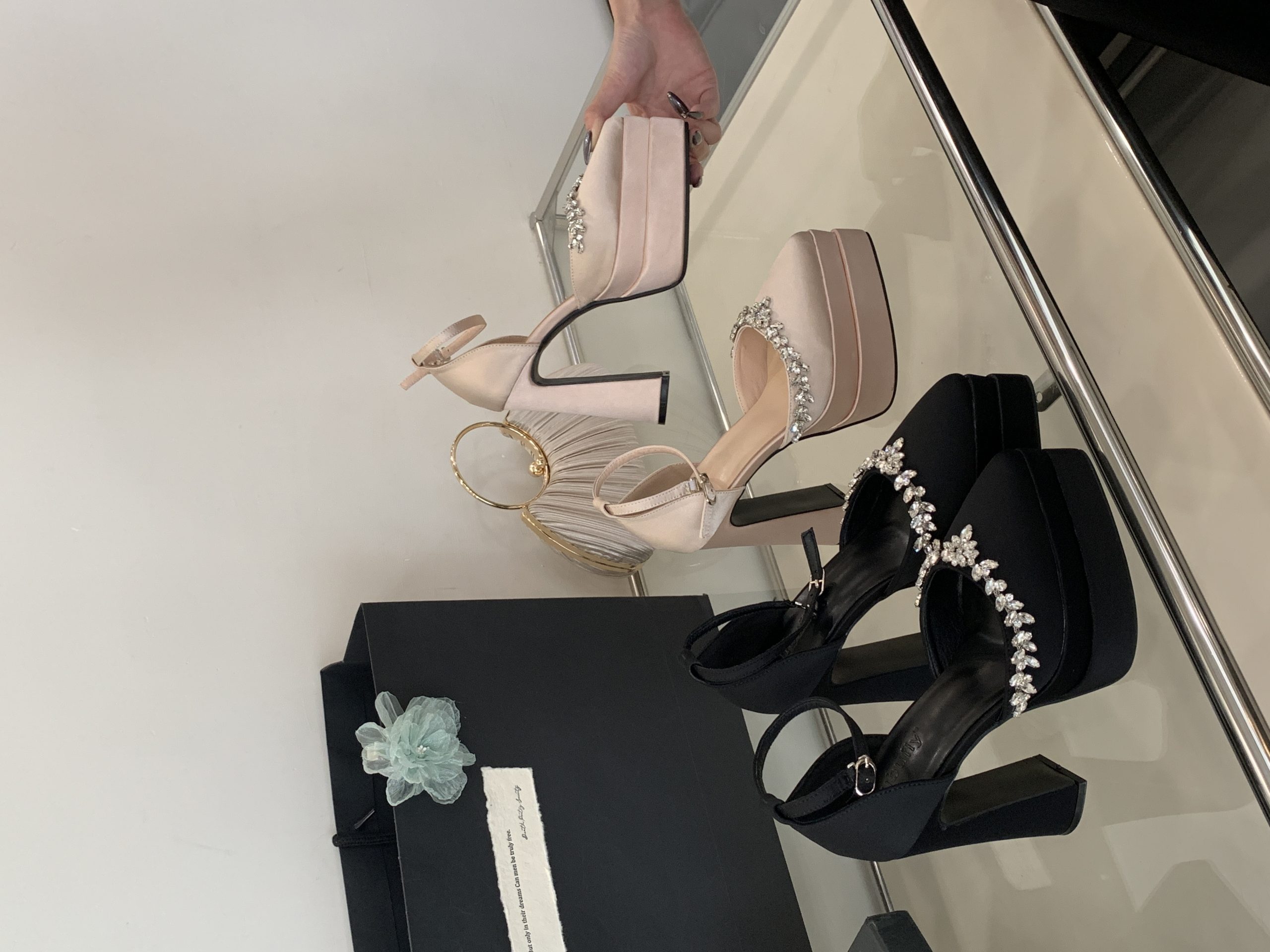 BUBUFLY New Rhinestone High Heel Sandals for Women Chunky Heel Platform Spring Summer Strap Pointed Toe Nude - Image 4