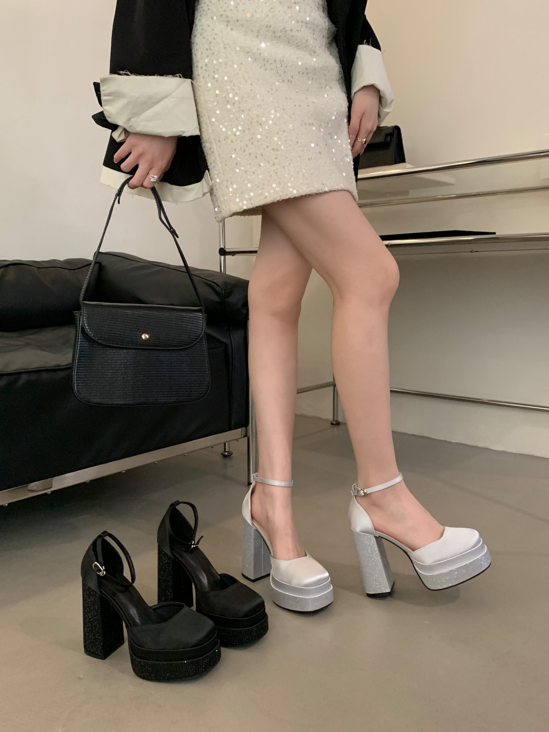 Silver High Heel Chunky Heel Rhinestone Wedding Shoes 2026 New One-Strap Open-Toe Women's Shoes with Platform