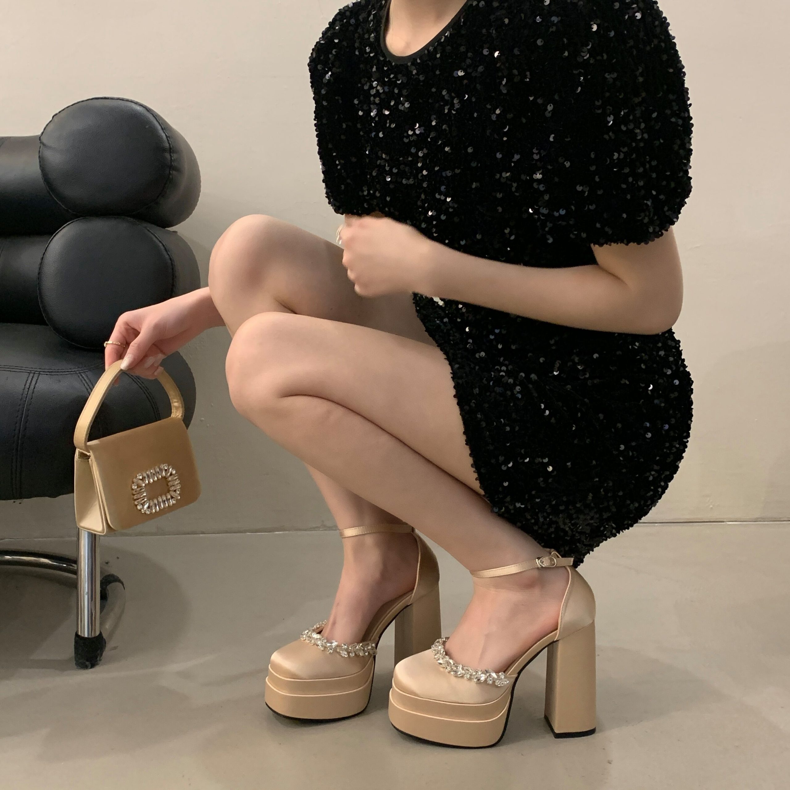 2026 High Heel Rhinestone Sandals Thick Sole Satin Mary Jane Shoes Women Chunky Heel Platform One-Strap High Heels - Image 3