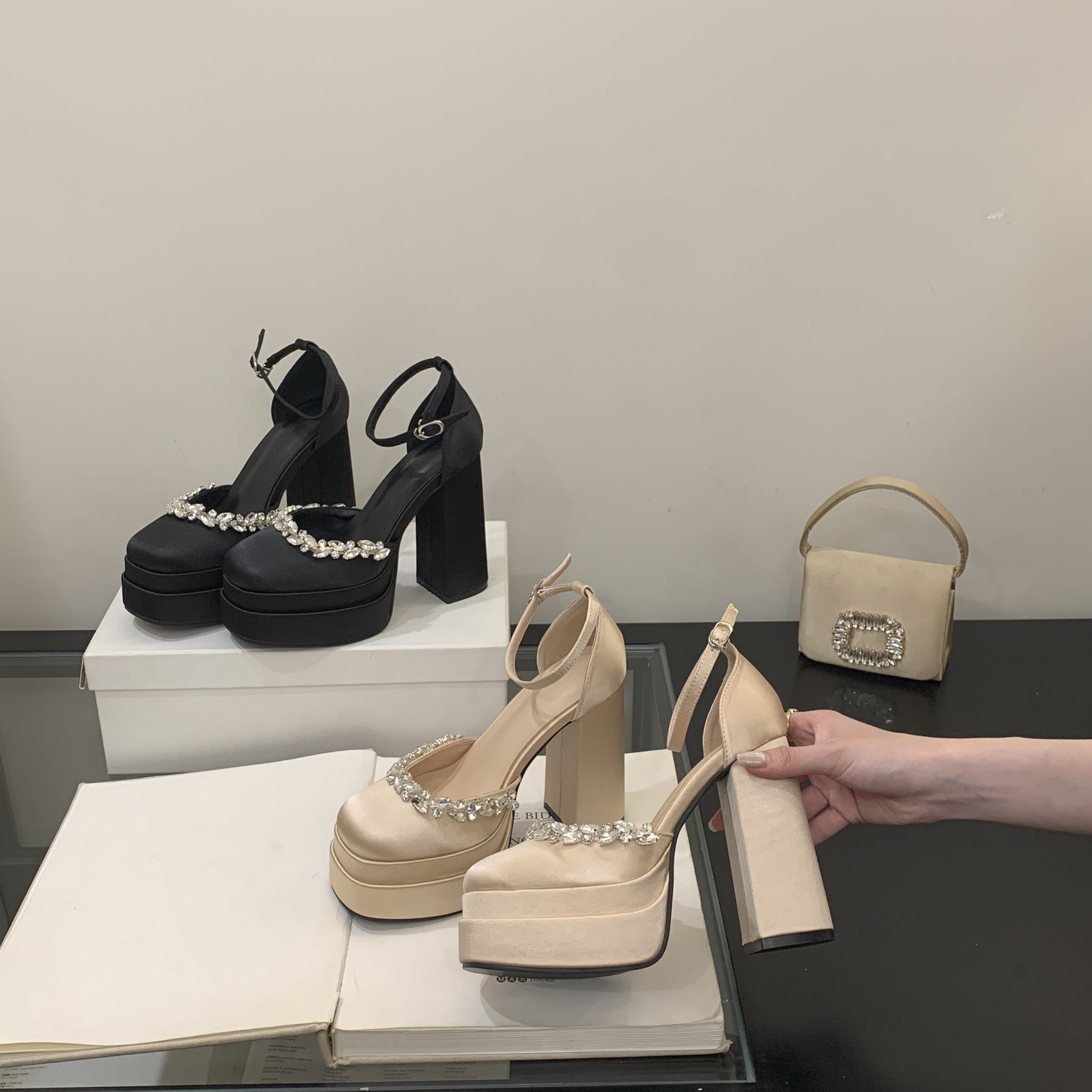 2026 High Heel Rhinestone Sandals Thick Sole Satin Mary Jane Shoes Women Chunky Heel Platform One-Strap High Heels - Image 4